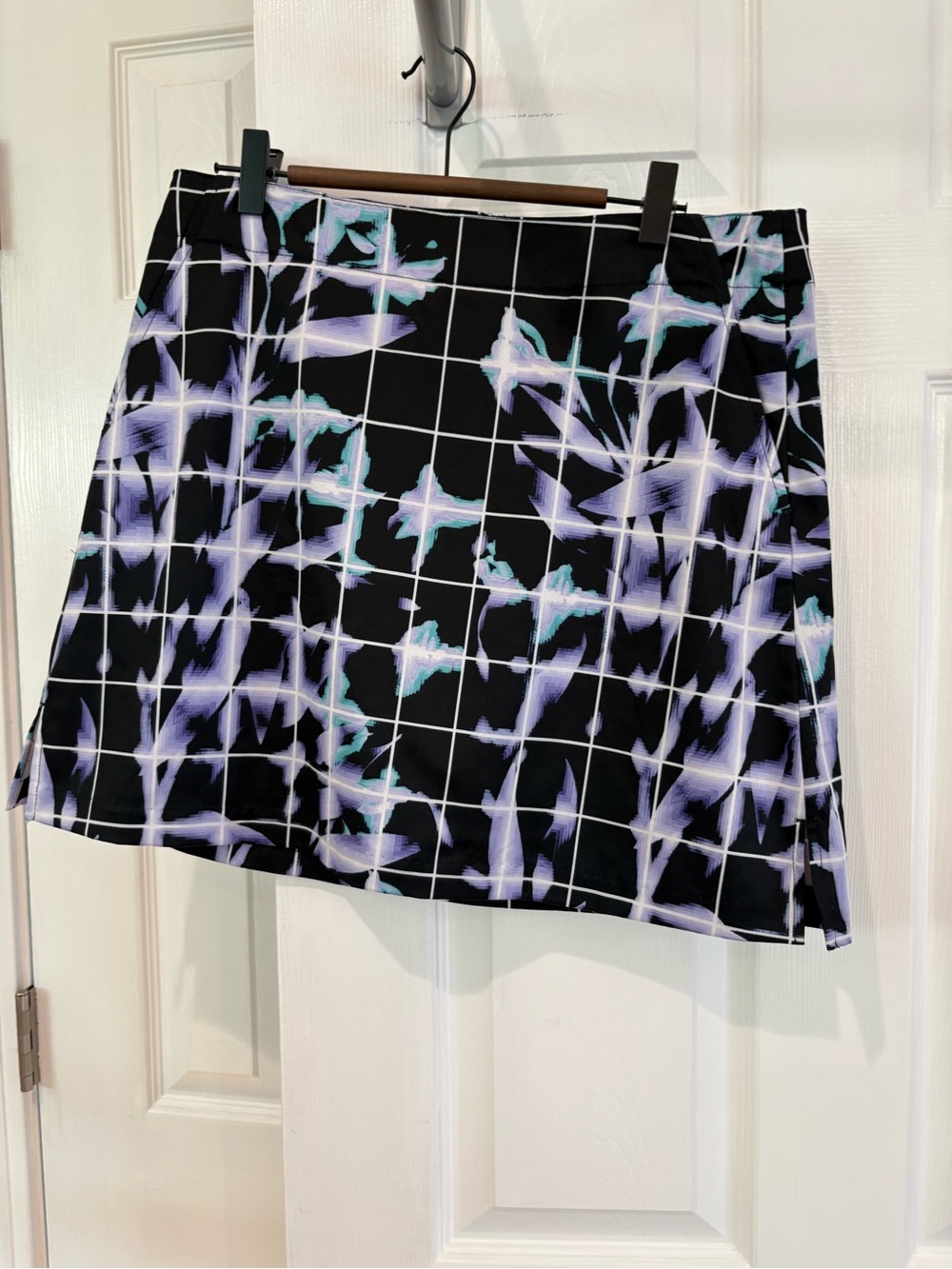 Lady Hagen Black Grid Mini Skirt with Lavender and Teal Floral Accents